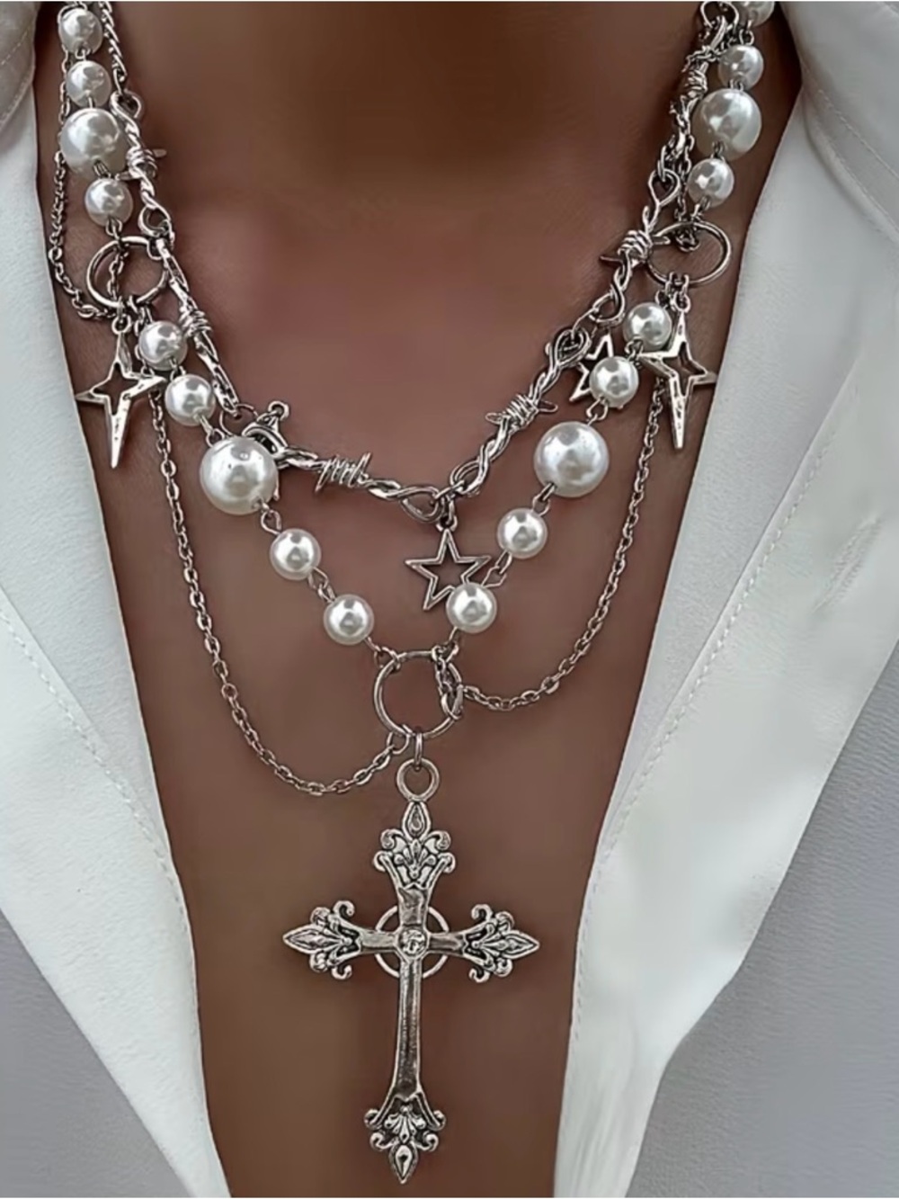 🔥 LAS ONE 🔥 Unisex Layered Silver Cross & Pearl Necklace